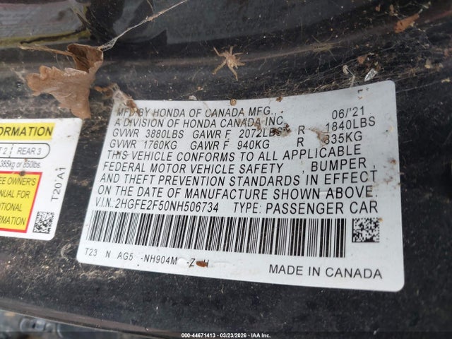 Auction sale of the 2022 Honda Civic Sport, vin: 2HGFE2F50NH506734, lot number: 44671413