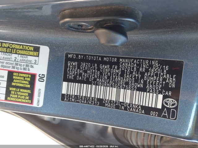2T1BURHE5GC675652 Toyota Corolla Le Plus