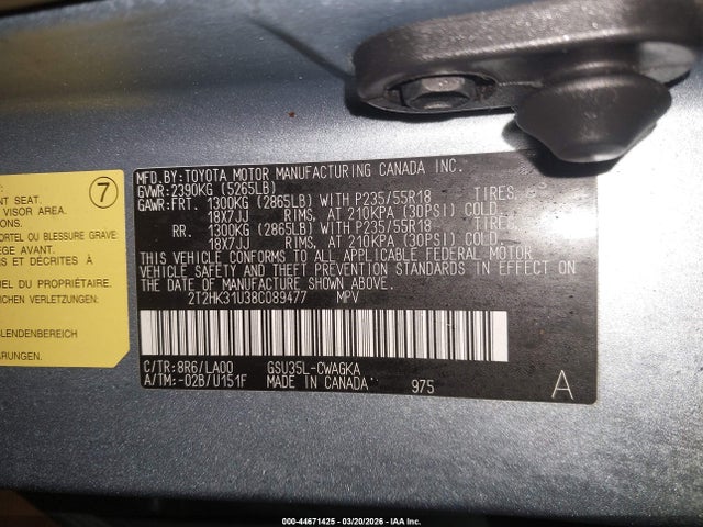 44671425 :رقم المزاد ، 2T2HK31U38C089477 vin ، 2008 Lexus Rx 350 مزاد بيع