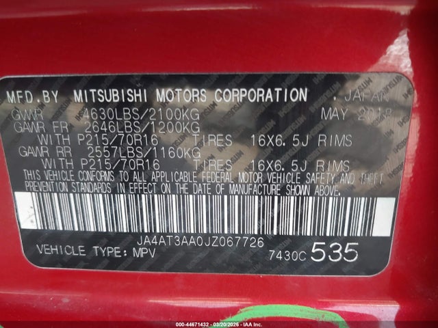 Продаж на аукціоні авто 2018 Mitsubishi Eclipse Cross Es, vin: JA4AT3AA0JZ067726, номер лоту: 44671432