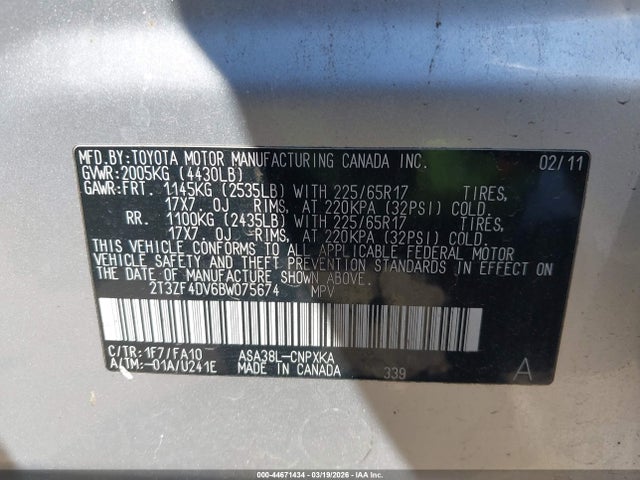 Продаж на аукціоні авто 2011 Toyota Rav4, vin: 2T3ZF4DV6BW075674, номер лоту: 44671434