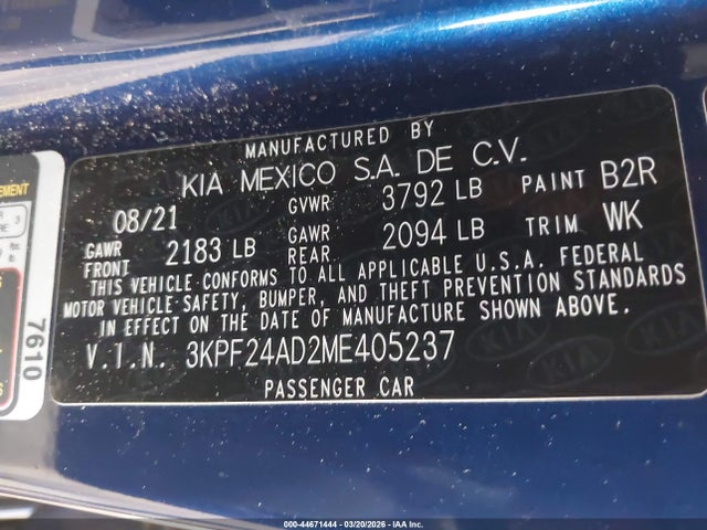 Продажа на аукционе авто 2021 Kia Forte Lxs, vin: 3KPF24AD2ME405237, номер лота: 44671444