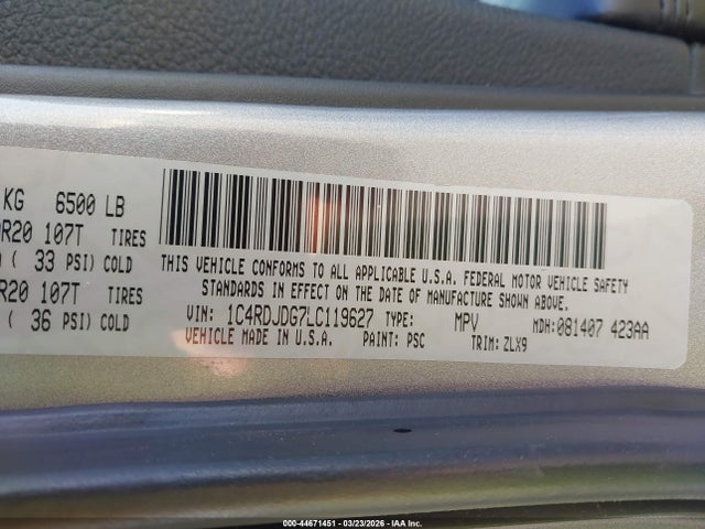 Продаж на аукціоні авто 2020 Dodge Durango Gt Plus Awd, vin: 1C4RDJDG7LC119627, номер лоту: 44671451