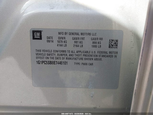 1G1PC5SB8E7446101 Chevrolet Cruze 1lt Auto