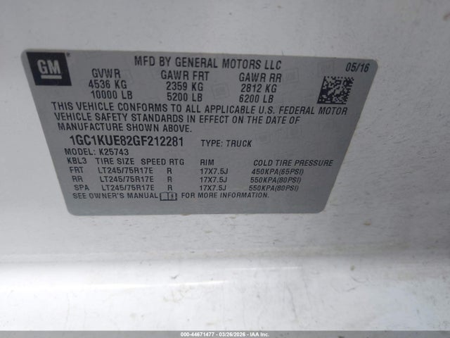 Продаж на аукціоні авто 2016 Chevrolet Silverado 2500hd Wt, vin: 1GC1KUE82GF212281, номер лоту: 44671477