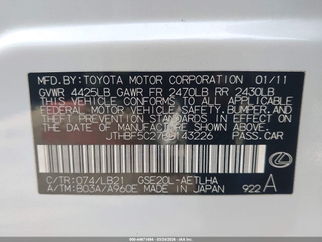 44671494 :رقم المزاد ، JTHBF5C27B5143226 vin ، 2011 Lexus Is 250 مزاد بيع