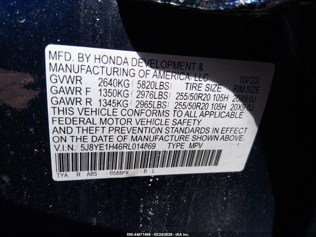 Aukcja sprzedaży 2024 Acura Mdx Technology Package, vin: 5J8YE1H46RL014869, numer aukcji: 44671498