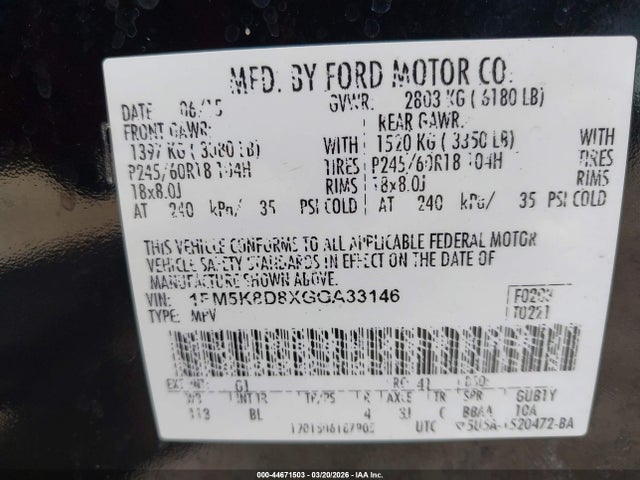 44671503 :رقم المزاد ، 1FM5K8D8XGGA33146 vin ، 2016 Ford Explorer Xlt مزاد بيع