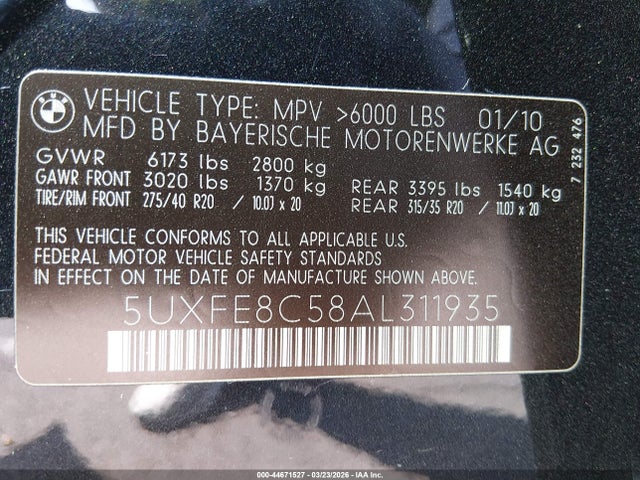44671527 :رقم المزاد ، 5UXFE8C58AL311935 vin ، 2010 Bmw X5 Xdrive48i مزاد بيع