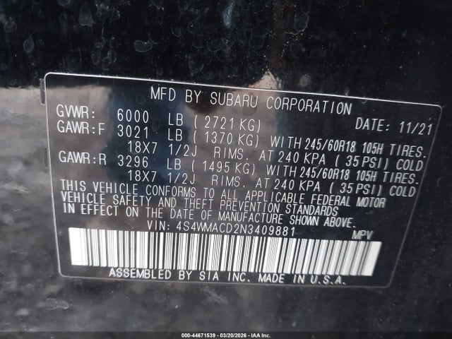 Aukcja sprzedaży 2022 Subaru Ascent Premium, vin: 4S4WMACD2N3409881, numer aukcji: 44671539