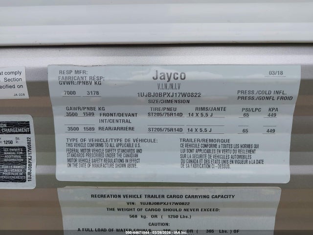 44671544 :رقم المزاد ، 1UJBJ0BPXJ17W0822 vin ، 2018 Jayco Jay Flight مزاد بيع