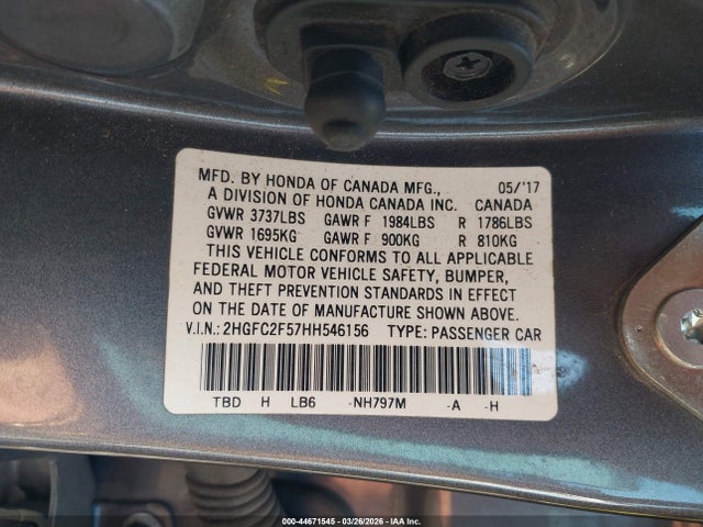 Продажа на аукционе авто 2017 Honda Civic Lx, vin: 2HGFC2F57HH546156, номер лота: 44671545