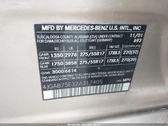 2002 Mercedes-benz Ml 500 მანქანა იყიდება აუქციონზე, vin: 4JGAB75E32A317405, აუქციონის ნომერი: 44671563