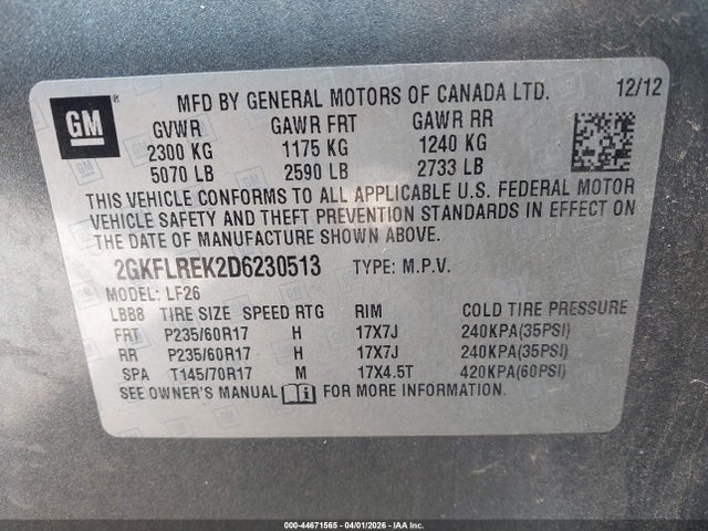 Продаж на аукціоні авто 2013 Gmc Terrain Sle-1, vin: 2GKFLREK2D6230513, номер лоту: 44671565