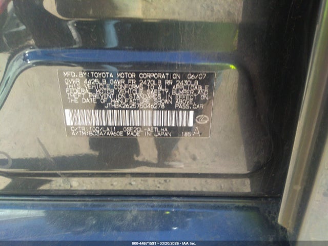 44671591 :رقم المزاد ، JTHBK262575046278 vin ، 2007 Lexus Is 250 مزاد بيع