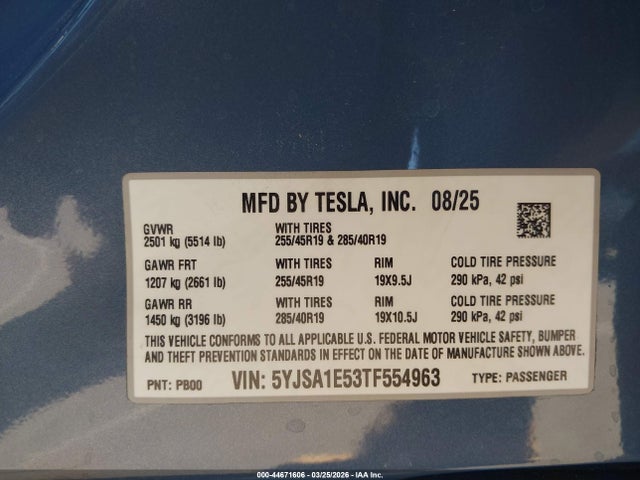 Auction sale of the 2026 Tesla Model S All-wheel Drive, vin: 5YJSA1E53TF554963, lot number: 44671606