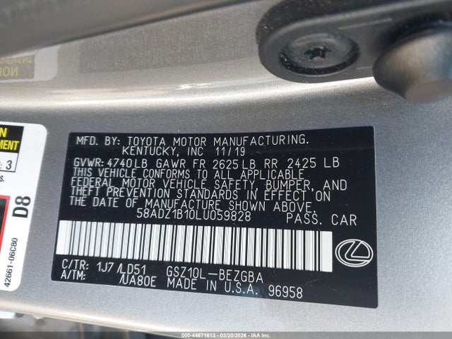 2020 Lexus Es 350 მანქანა იყიდება აუქციონზე, vin: 58ADZ1B10LU059828, აუქციონის ნომერი: 44671613