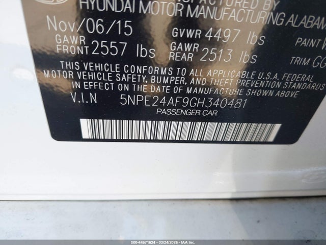 5NPE24AF9GH340481 Hyundai SONATA SE
