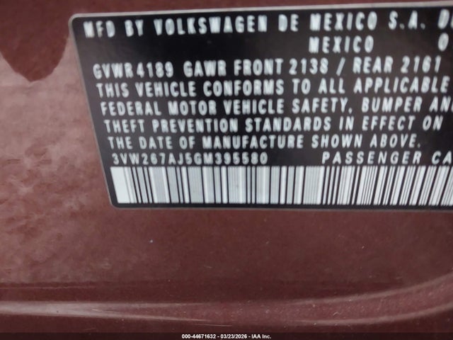 44671632 :رقم المزاد ، 3VW267AJ5GM395580 vin ، 2016 Volkswagen Jetta 1.4t S مزاد بيع