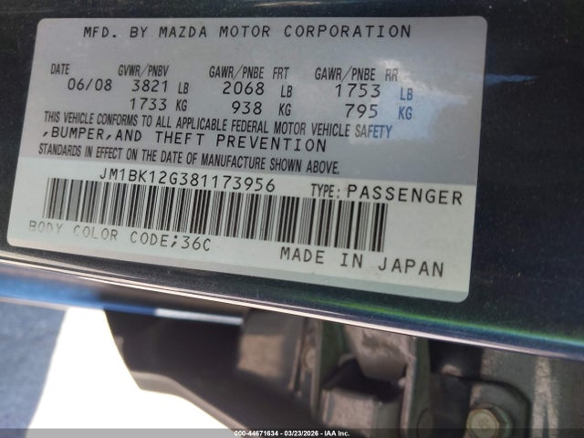 44671634 :رقم المزاد ، JM1BK12G381173956 vin ، 2008 Mazda Mazda3 I Sport مزاد بيع