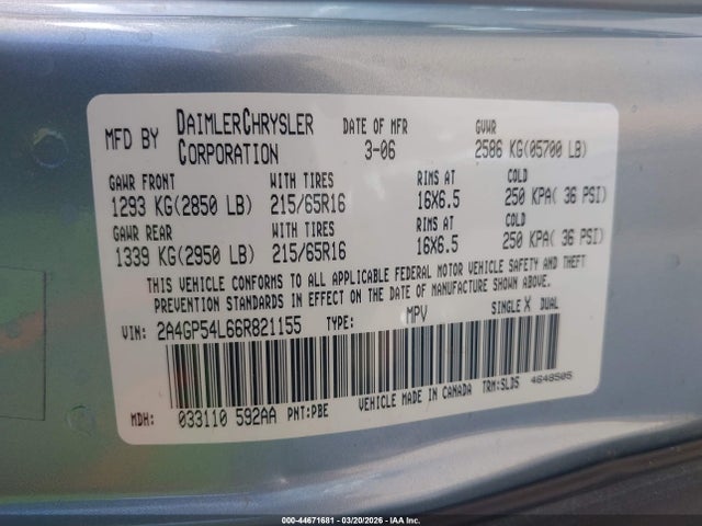 2006 Chrysler Town & Country Touring მანქანა იყიდება აუქციონზე, vin: 2A4GP54L66R821155, აუქციონის ნომერი: 44671681