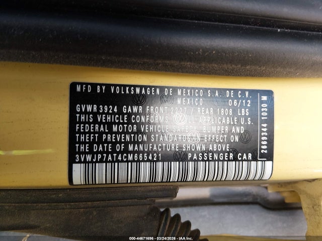 2012 Volkswagen Beetle 2.5l მანქანა იყიდება აუქციონზე, vin: 3VWJP7AT4CM665421, აუქციონის ნომერი: 44671696