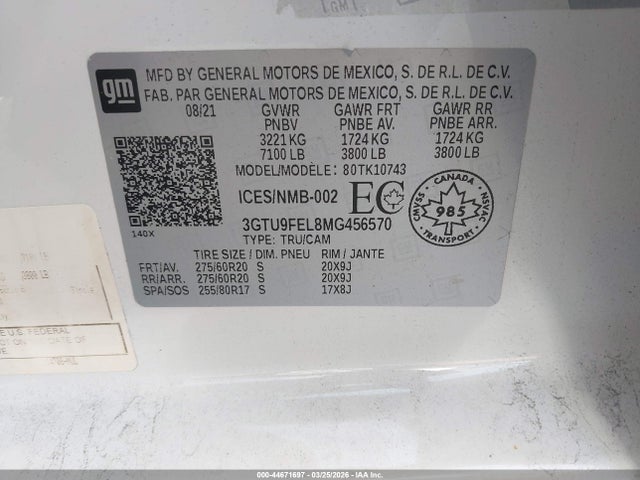 Aukcja sprzedaży 2021 Gmc Sierra 1500 Denali, vin: 3GTU9FEL8MG456570, numer aukcji: 44671697