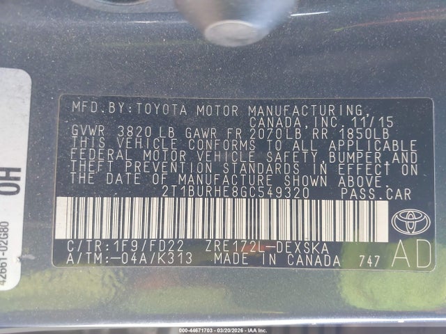 2T1BURHE8GC549320 Toyota Corolla S Plus