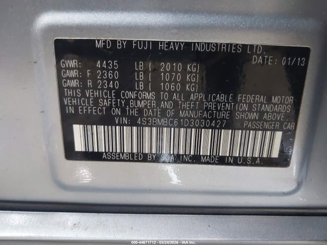 2013 Subaru Legacy 2.5i Premium მანქანა იყიდება აუქციონზე, vin: 4S3BMBC61D3030427, აუქციონის ნომერი: 44671712