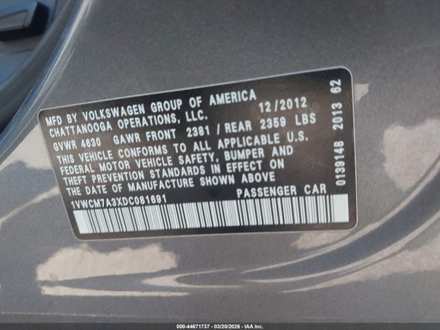 Aukcja sprzedaży 2013 Volkswagen Passat 3.6l V6 Sel Premium, vin: 1VWCM7A3XDC081691, numer aukcji: 44671737