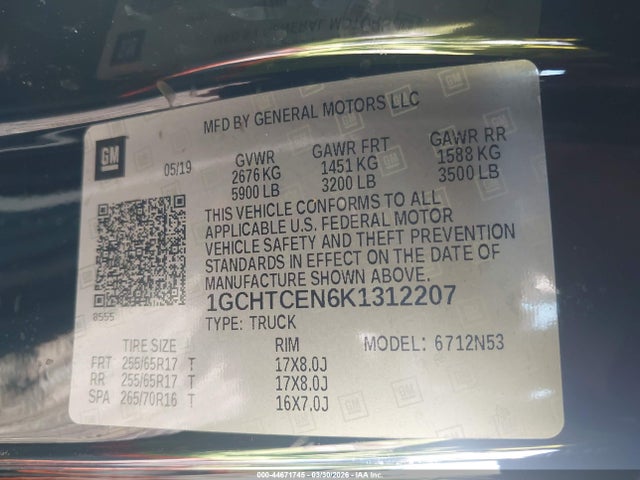 Aukcja sprzedaży 2019 Chevrolet Colorado Lt, vin: 1GCHTCEN6K1312207, numer aukcji: 44671745