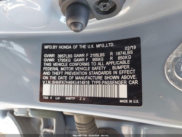 SHHFK7H49KU414918 Honda Civic Sport