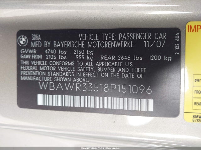Продажа на аукционе авто 2008 Bmw 328i, vin: WBAWR33518P151096, номер лота: 44671784
