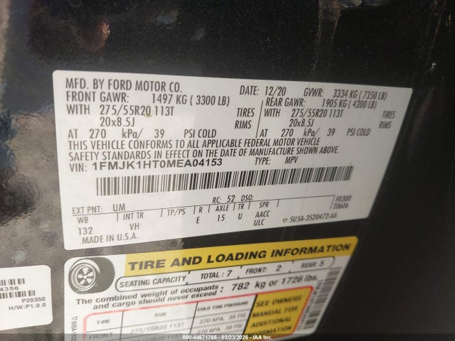 2021 Ford Expedition Xlt Max მანქანა იყიდება აუქციონზე, vin: 1FMJK1HT0MEA04153, აუქციონის ნომერი: 44671785