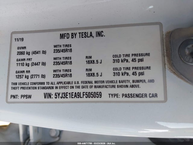 Продаж на аукціоні авто 2020 Tesla Model 3 Standard Range Plus Rear-wheel Drive/standard Range Rear-wheel Drive, vin: 5YJ3E1EA9LF505059, номер лоту: 44671799