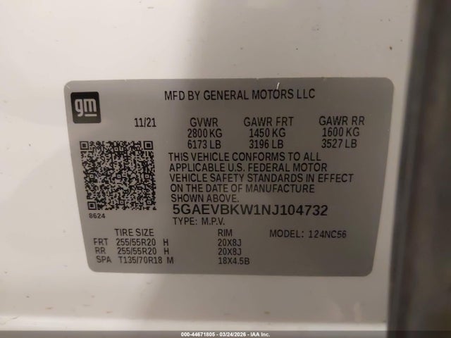 2022 Buick Enclave Awd Premium მანქანა იყიდება აუქციონზე, vin: 5GAEVBKW1NJ104732, აუქციონის ნომერი: 44671805