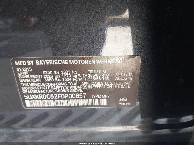 2015 Bmw X5 Xdrive35i მანქანა იყიდება აუქციონზე, vin: 5UXKR0C52F0P00857, აუქციონის ნომერი: 44671806