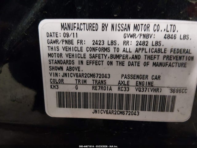 Aukcja sprzedaży 2012 Infiniti G37x, vin: JN1CV6AR2CM672043, numer aukcji: 44671814