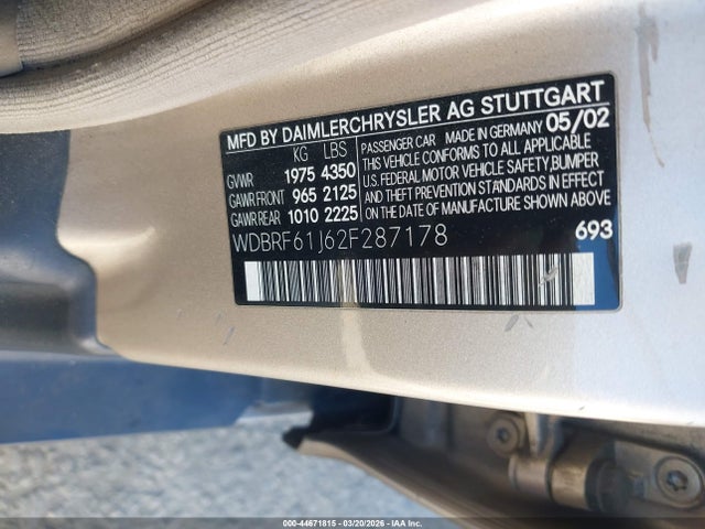 Aukcja sprzedaży 2002 Mercedes-benz C 240, vin: WDBRF61J62F287178, numer aukcji: 44671815