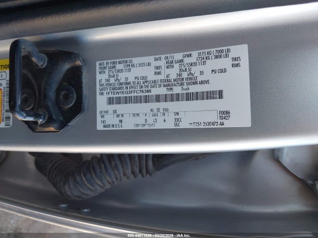 2015 Ford F-150 Platinum მანქანა იყიდება აუქციონზე, vin: 1FTEW1EG3FFC76386, აუქციონის ნომერი: 44671828