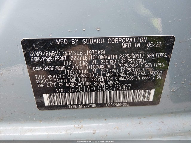 44671831 :رقم المزاد ، JF2GTAPC9N8276067 vin ، 2022 Subaru Crosstrek Premium مزاد بيع