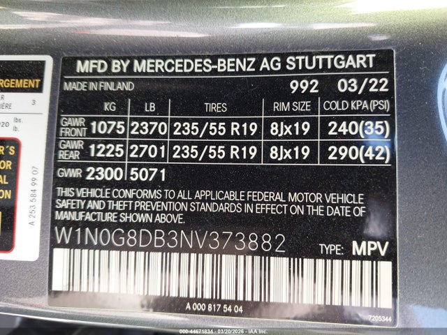 44671834 :رقم المزاد ، W1N0G8DB3NV373882 vin ، 2022 Mercedes-benz Glc 300 Suv مزاد بيع