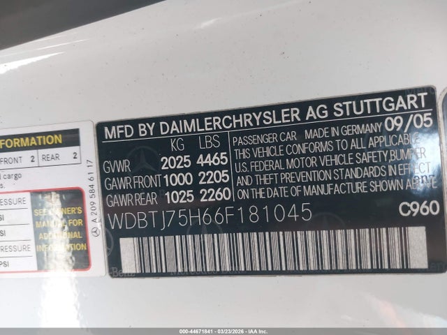 Aukcja sprzedaży 2006 Mercedes-benz Clk 500, vin: WDBTJ75H66F181045, numer aukcji: 44671841