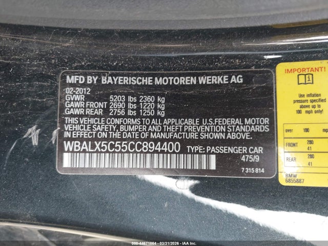 Aukcja sprzedaży 2012 Bmw 650i Xdrive, vin: WBALX5C55CC894400, numer aukcji: 44671864