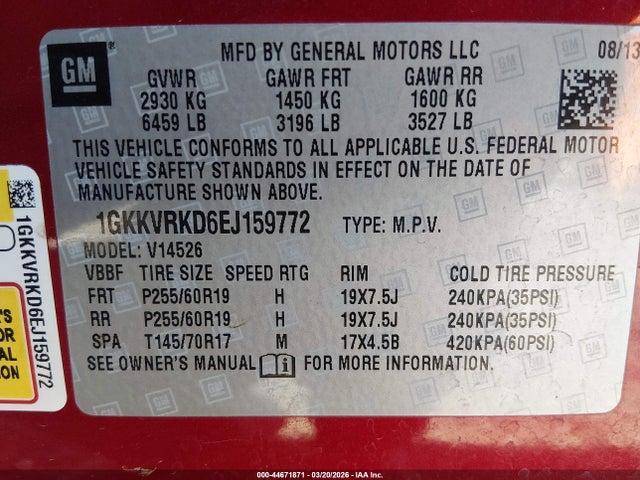 Продажа на аукционе авто 2014 Gmc Acadia Slt-1, vin: 1GKKVRKD6EJ159772, номер лота: 44671871