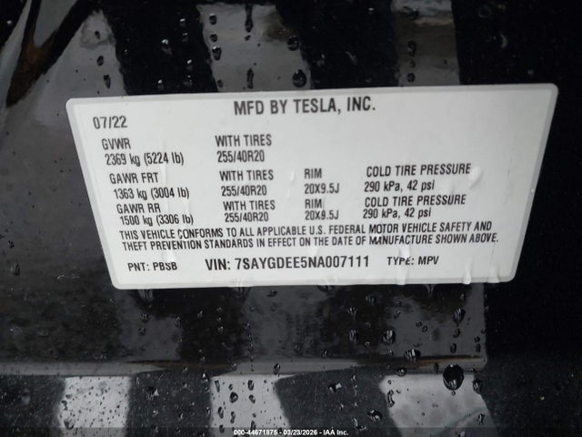 Aukcja sprzedaży 2022 Tesla Model Y Long Range Dual Motor All-wheel Drive, vin: 7SAYGDEE5NA007111, numer aukcji: 44671875