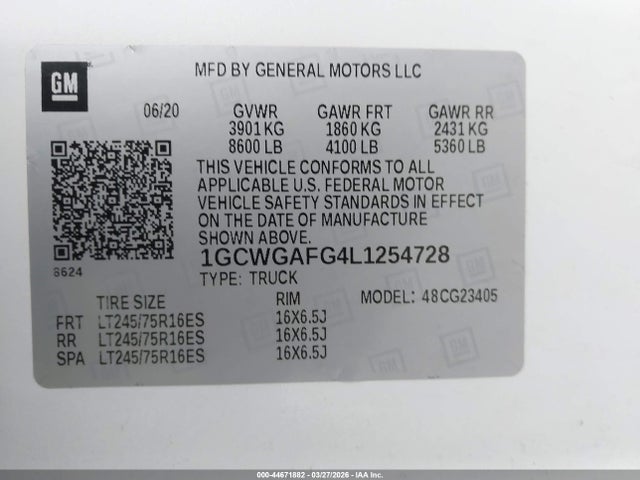 2020 Chevrolet Express Cargo Rwd 2500 Regular Wheelbase Wt მანქანა იყიდება აუქციონზე, vin: 1GCWGAFG4L1254728, აუქციონის ნომერი: 44671882