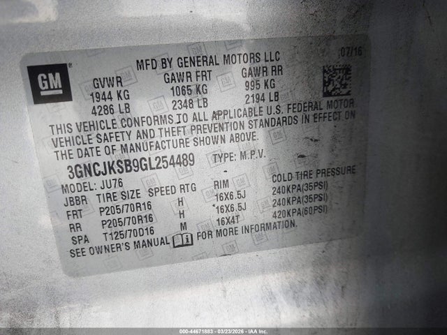 3GNCJKSB9GL254489 Chevrolet Trax 1ls