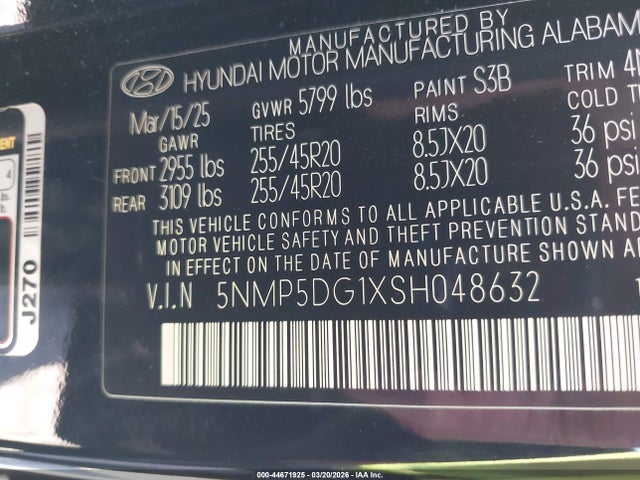 44671925 :رقم المزاد ، 5NMP5DG1XSH048632 vin ، 2025 Hyundai Santa Fe Hybrid Calligraphy مزاد بيع