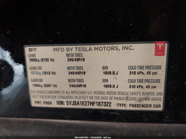 Продаж на аукціоні авто 2017 Tesla Model S 100d/60d/75d/90d/p100d, vin: 5YJSA1E27HF187322, номер лоту: 44671937